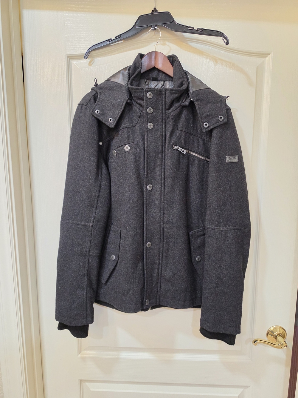 Guess Men's Dark Gray Pea Coat - Jacket Charcoal Wool-Blend